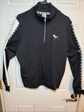 Victoria's Secret PINK Black Half-Zip Sweatshirt with White Stripe